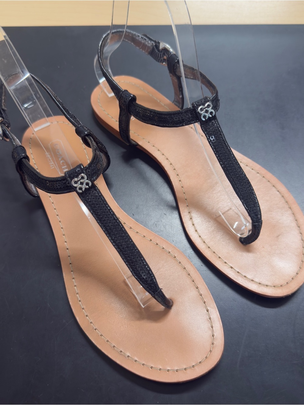 Coach Rolanda Black Leather T-Strap Sandals Size 7